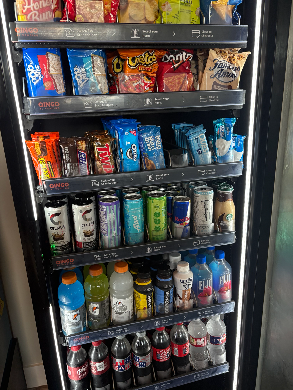 Smart cooler stocked with fresh snacks and beverages